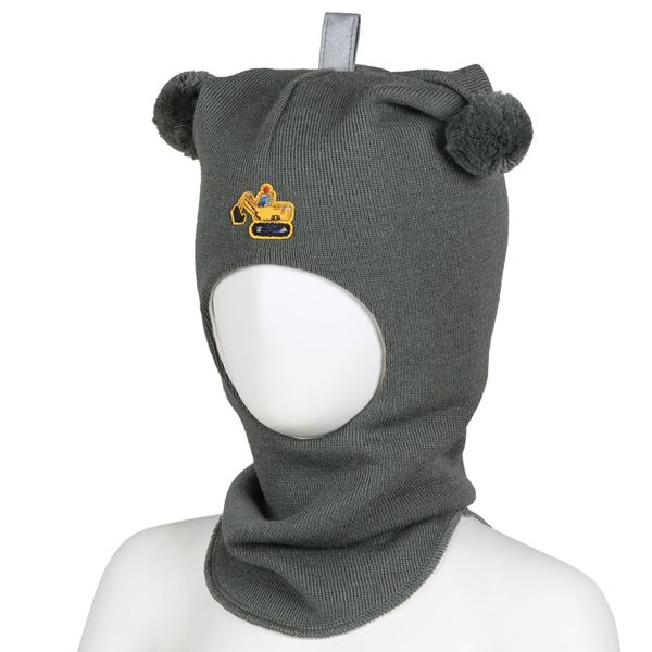 Kivat, mosegrønn hettelue i ull med gravemaskin