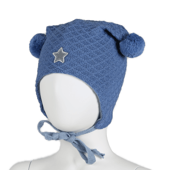 Kivat, himmelblå knytelue i ull med strukturmønster og dusker