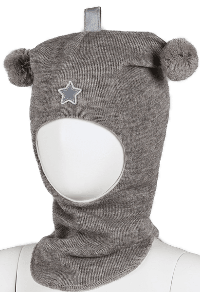 Kivat, beigemelert hettelue i ull med dusker og  refleksstjerne